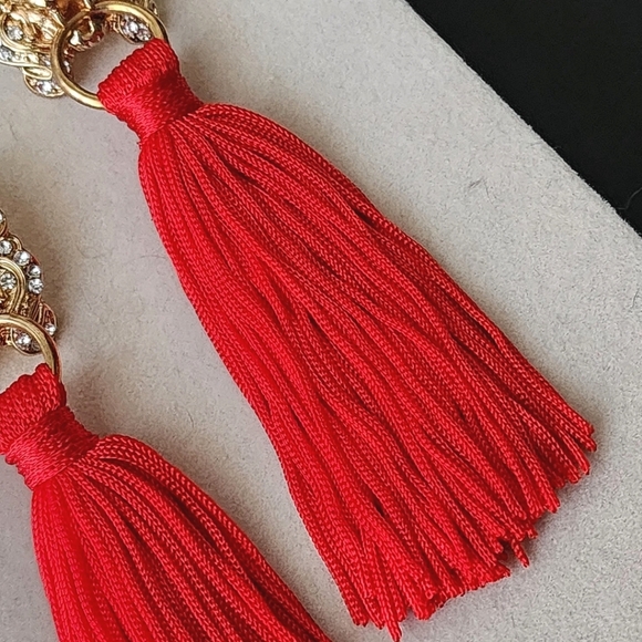 Lux Gold Lion Face Earrings with Red Tassel - Picture 4 of 6